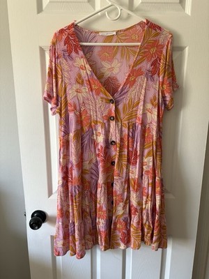 Ces Femme Women's Tiered Floral Baby Doll Dress Size L ? With Pockets Button Up