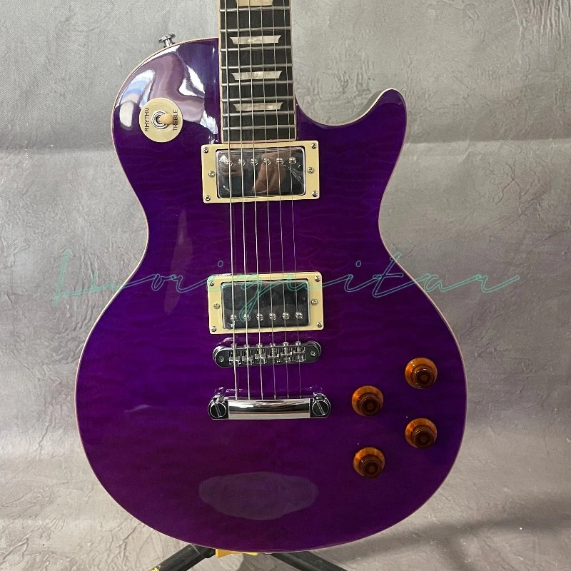 LP Purple Electric Guitar HH Pickups Chrome Parts Quilty Maple Top Mahogany Body - Image 3 of 4