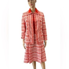 70s mod two piece, orange and white R K knits dress jacket set-L