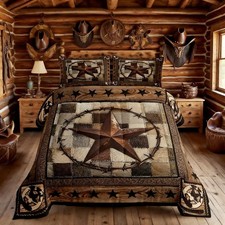Western Texas Star Queen Comforter Set - Rustic Cow Print Bedding Pillowcases