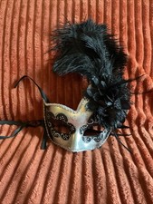 Silver Venetian Carnival Side Black Feather Masquerade Mask Mardi Gras Party