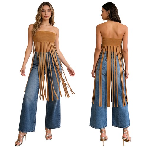 Damen Party Western Kleid Stil Quaste Strass Streetwear Röhre Freizeit lang - Bild 11 von 24