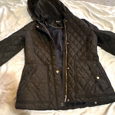 DKNY Women s brown Quilted Hooded Lined Zip Front Jacket Coat Size M
