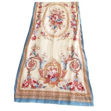 Vintage Oscar de la Renta Silk Scarf Floral Ivory Blue Pink Gold Fringe Designer