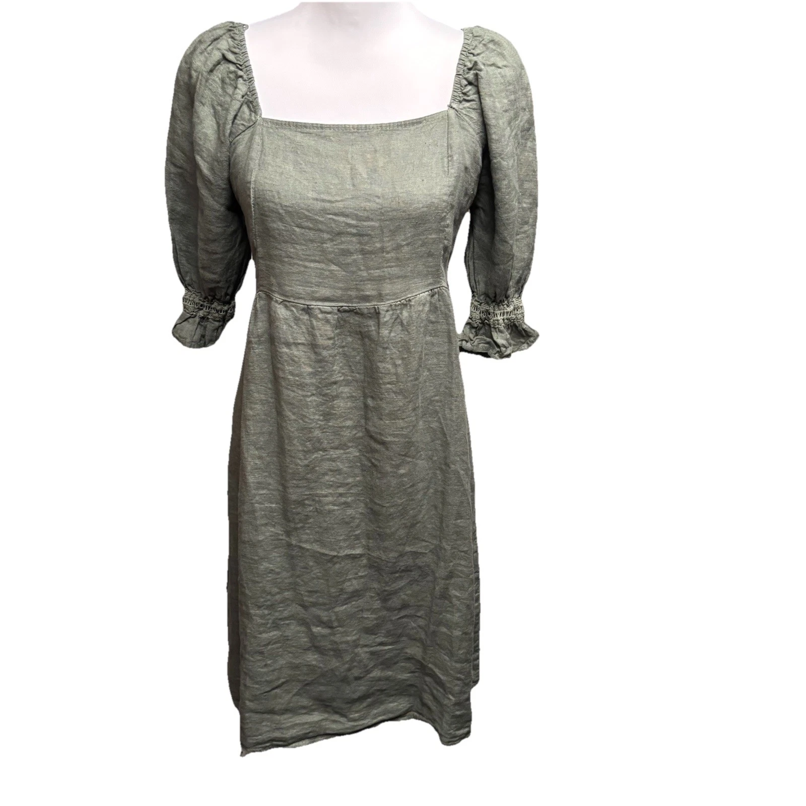 VALENTINO Abito Valentina Naldi Medio 100% Lino Verde Contadino Manica a Sbuffo Made In Italy