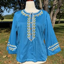 Bob Mackie Wearable Art Teal Blue Embroidered Button Front Top Womens Large L