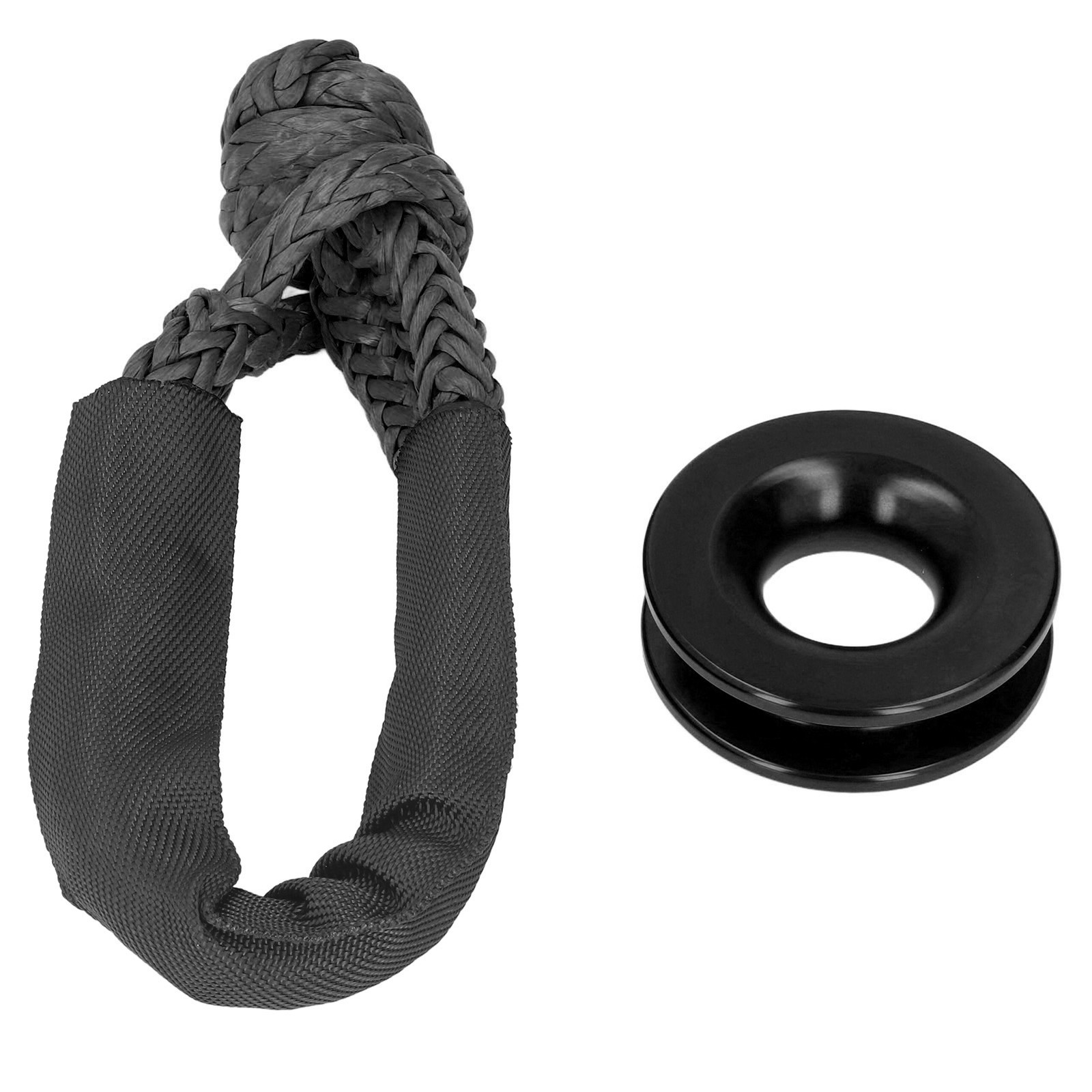 Black Recovery Ring Kit Synthetic Soft Shackle Rope Aluminium Alloy Snatch Ring