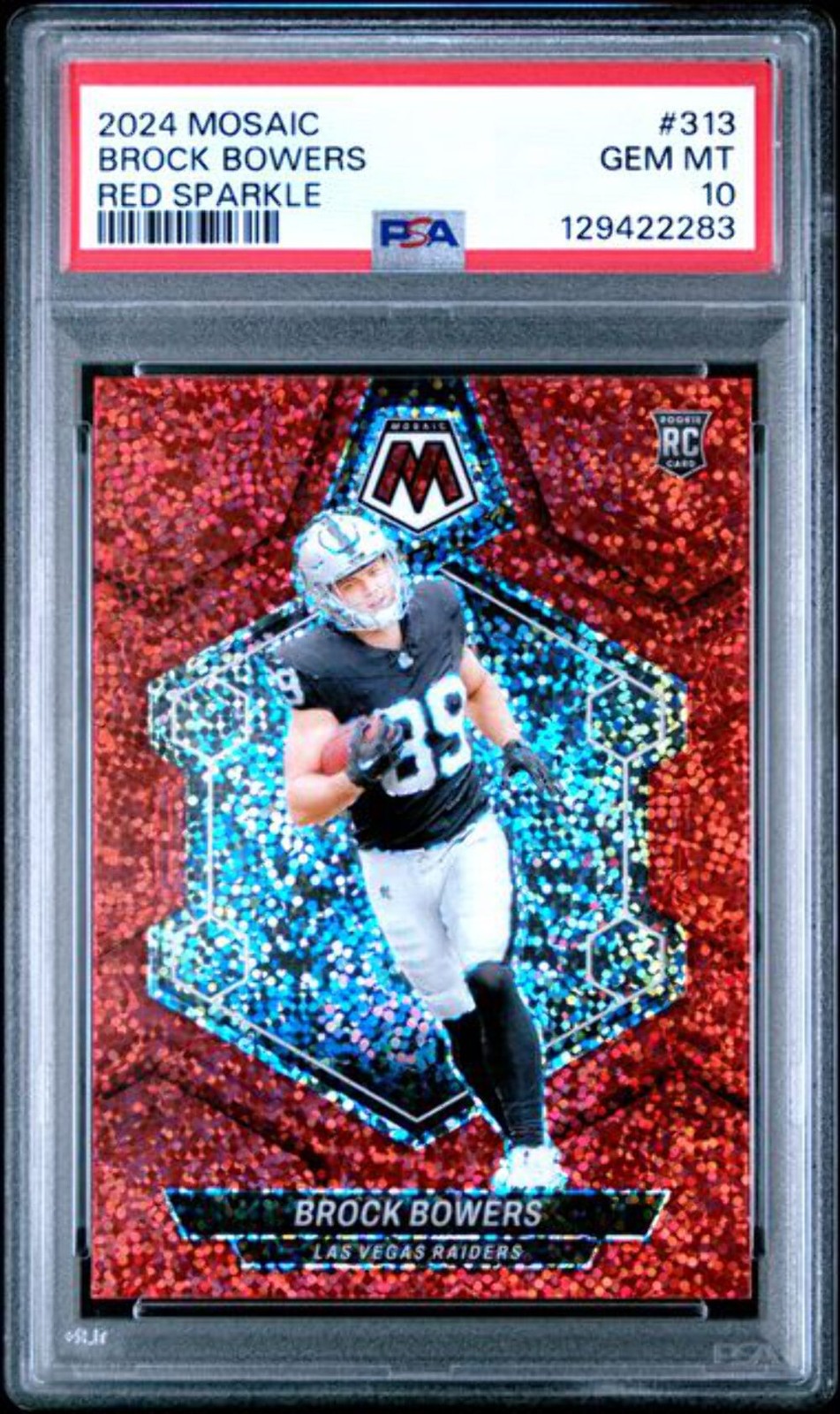 Graded 2024 Panini Mosaic Brock Bowers #313 Red Sparkle RC Football Card PSA 10