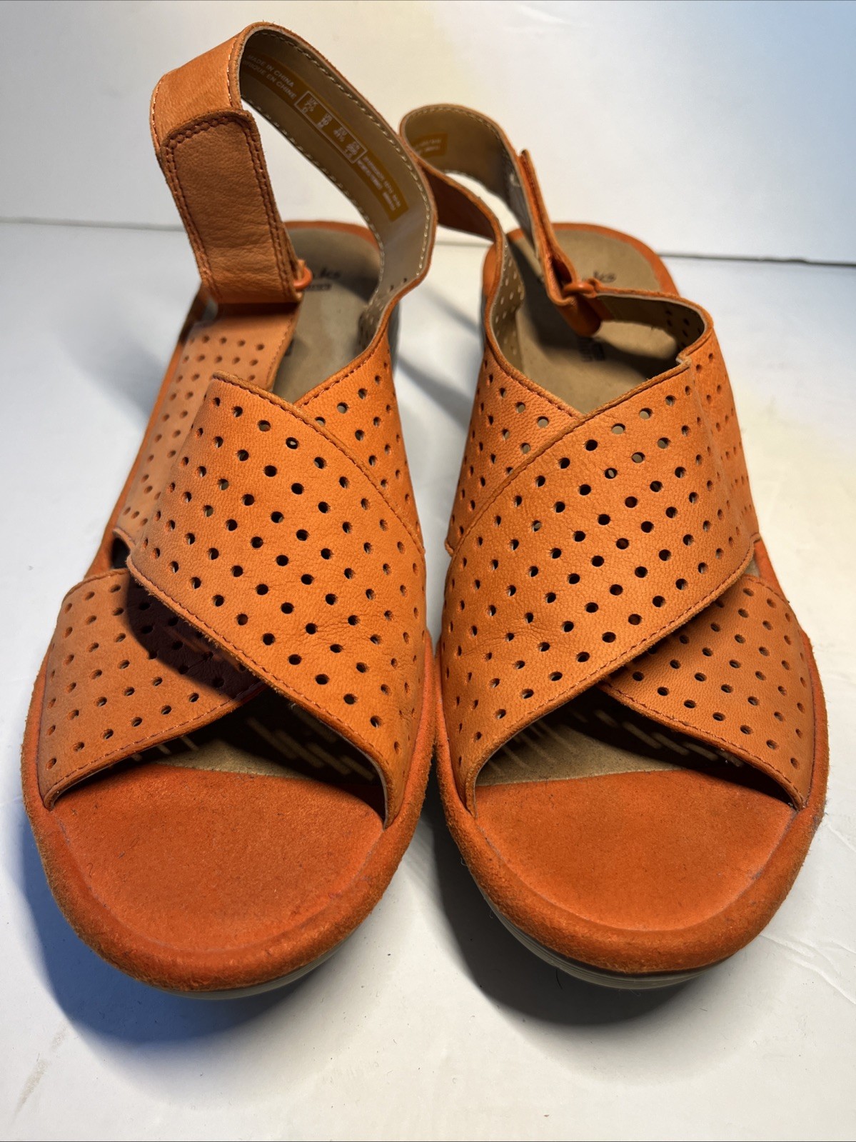 Clarks Clarene Award Wedge Sandal Slingback Adjustable Orange Nubuck Womens 10