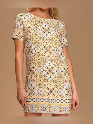 Lulus Women s Dandy Lion Yellow Print Sleeveless Shift Dress Size Small