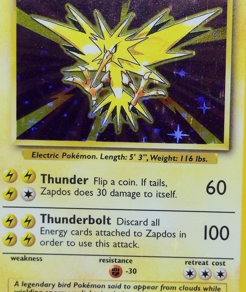 Zapdos 16/102 HOLO BLEED 1999 Pokemon Base Set ERROR Rare WOTC