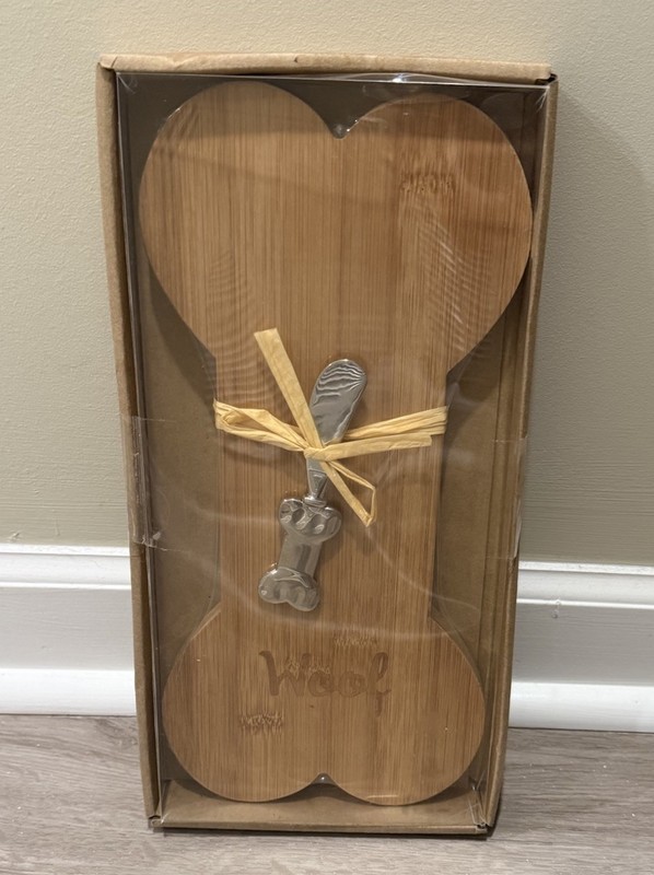 Bone Shaped Charcuterie Board For Dogs- Woof Engraved With Cheese Knife New