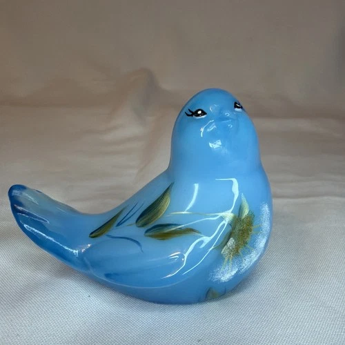 Fenton Blue Milk Glass Painted Dandelion Song Bird 5393 1A Signed J Crenshaw