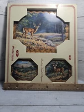 Wintermute Rustic Wood Plaque Matching set of 3 deer woodland scene NOS