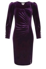 Monsoon Purple Velvet Dress size 16 Wine Draped Puff Sleeve Evening stretchy