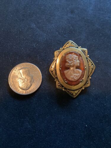 Vintage Zelluloid Kamee Pin Kunst Kamee goldfarben Rahmen frühes Kostüm Schmuck - Bild 8 von 8