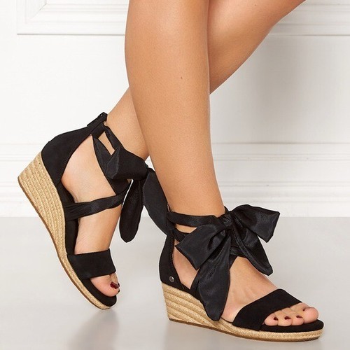 UGG Trina Black Suede Ribbon Tie Wedge 
