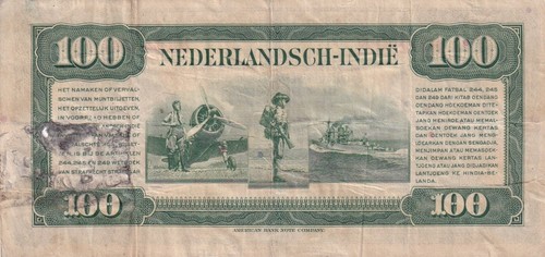 2 Notes of NETHERLANDS INDIES 100 GULDEN P-117 1943 AIRPLANE SHIP INDONESIA - Picture 4 of 4