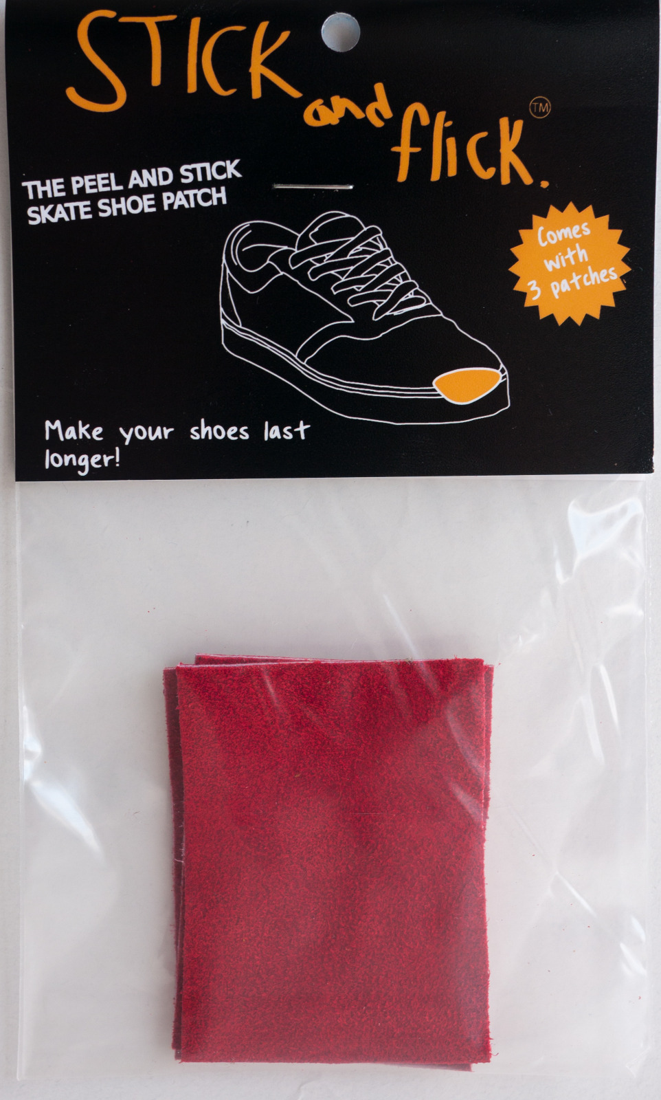 Stick and Flick Patches Red Suede Skate shoe repair Stick & Flick