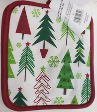 Set of 2 Jumbo Pot Holders, 7"x8", MULTICOLOR CHRISTMAS TREES & SNOWFLAKES,BH