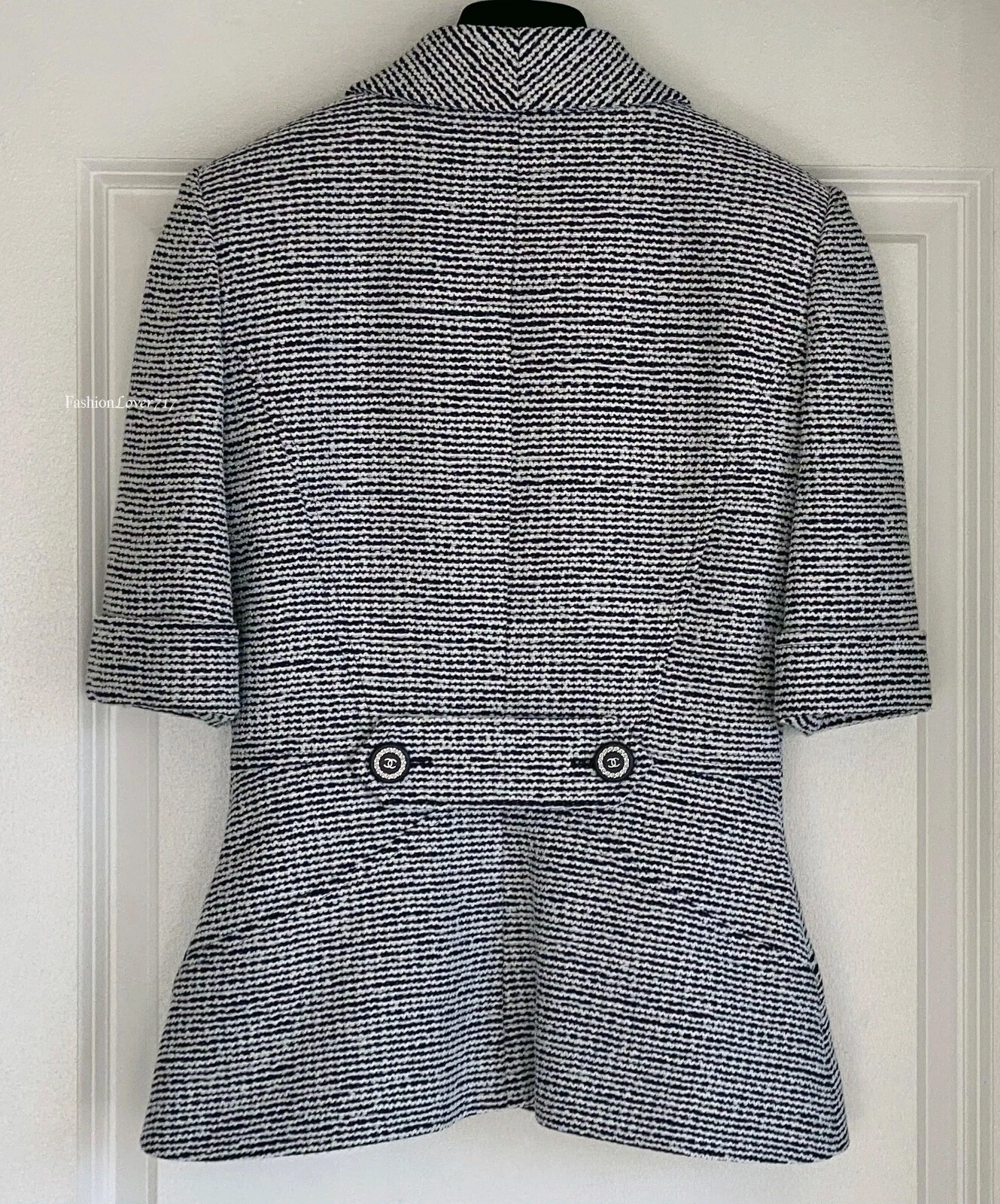 $5250 GIACCA CHANEL 19P BLU NAVY ECRU TWEED NERO CC BOTTONI MANICA CORTA 36