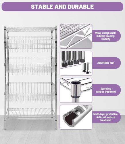 Adjustable 4-Tier Metal Wire Rack Shelving Unit, Heavy Duty Basket Storage Shelf - Picture 4 of 8