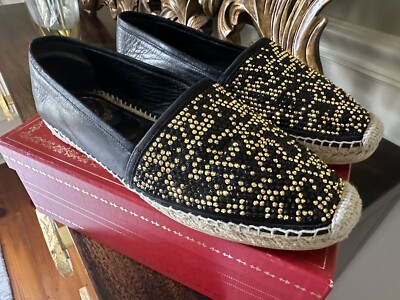 René Caovilla Leather Black & Gold Swarovski Crystals Espadrille Flats 40 9.5-10