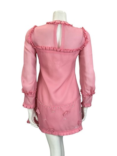 VTG 60S MOD PINK MESH RUFFLE CLEAR BEADED FLOWER BISHOP SLEEVE SHIFT DRESS 8 - Picture 10 of 13