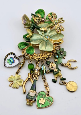 KIRKS FOLLY Green Enamel Elfin Magic Shamrock 8 Dangle Charm Brooch Pin Rare