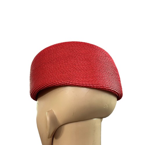 60s Vintage Sylvia Straw Pillbox Hat One Size Feather Plumage Rhinestone Red - Picture 4 of 9