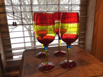 4 Ruby Multicolor Festives Gold Trim 9 1/4  Wine Beverage Goblets Glasses