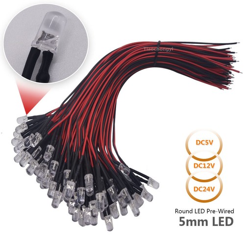 100 PIEZAS 3mm 5mm redondo diodo led 20cm precableado DC5V 12V 24V Rojo Verde Blanco Lámpara - Imagen 10 de 12
