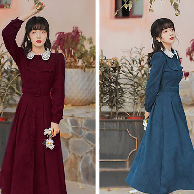 Women Winter Corduroy Midi Dress Sailor Collar Tunic Plain Button Waist  Belt