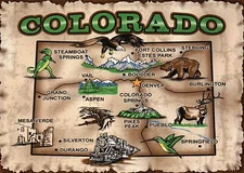 Colorado, Denver Aspen Vail Mesa Verde Pueblo Pikes Peak etc, State Map Postcard