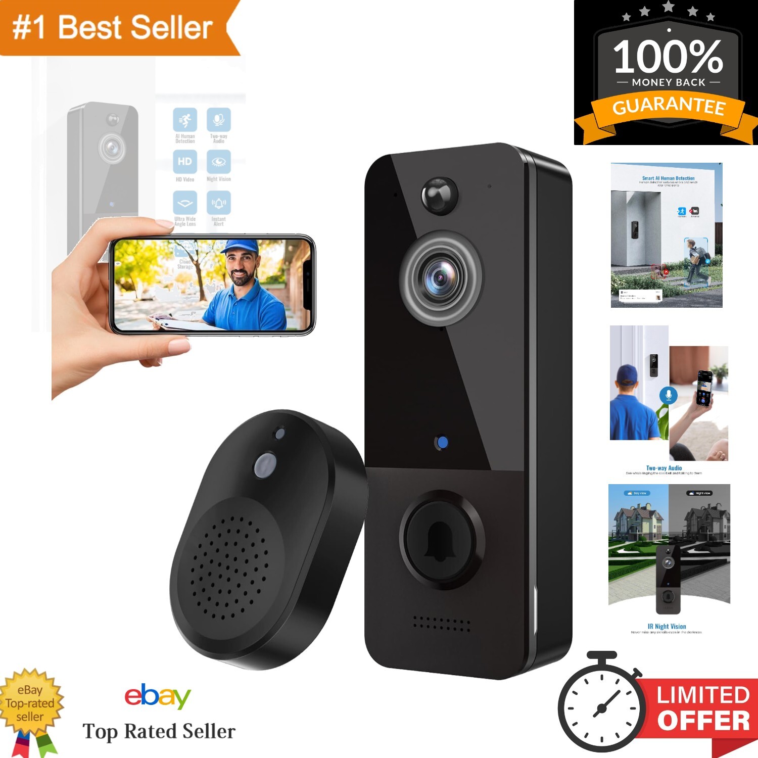 Video Doorbell Camera Wireless, 2-Way Audio Included Ring Chime, AI Human Det...-image