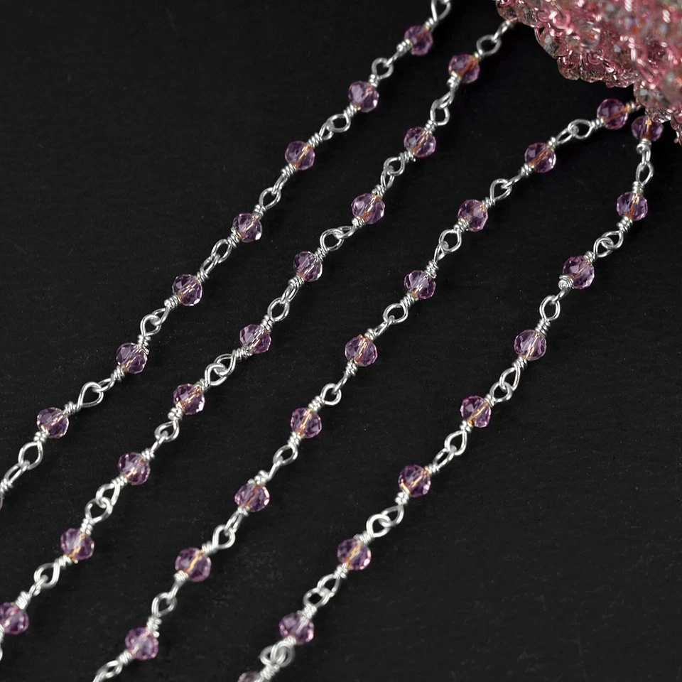Cadena de rosario con cuentas de piedras preciosas de cuarzo rosa de 4 mm para hacer joyas cadenas de 3 pies Foto 4 de 4