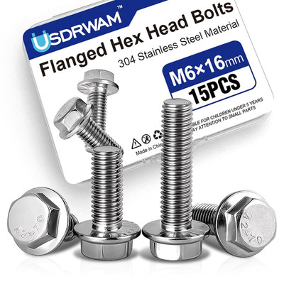 15 Pack M6-1.0 × 16mm Flange Bolt, Full Thread 304 Stainless Steel Serrated Hex