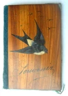 19th century olive wood souvenir Pont en Royan swallow decor needle holder case