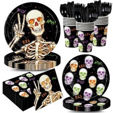 168pcs Halloween Plates Napkins Skeleton 9-inch, black, orange, purple, green