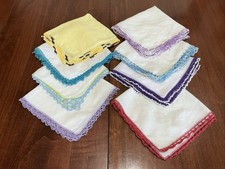 Vintage Handkerchiefs Hand Crocheted Edges Lot of 8, Assorted Sizes See Pictures