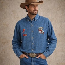 Vintage Denim Western Embroidered 90s Aztec Southwest Button Up Shirt Men  s Lg