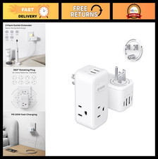 Multi Plug Outlet Extender 2 Pack - 3 Way Splitter, 360 Rotating, USB C Charger