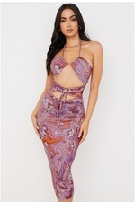 House of CB Kasia Midi Dress Purple Swirl Cutout Size Medium New with Tags NWT