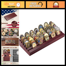 6 Row Challenge Coin Display Holder - 48 Coins, Wood Stand, Wider Grooves, Colle