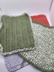4 Handmade Crocheted Dishcloths & Potholders Lot, Mixed Colors Square Set