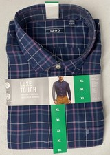 IZOD Men's Luxe Touch Long Sleeve Plaid Button Shirt BLUE/PURPLE Logo XL Work