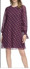 NWT Calvin Klein Printed Tie-Sleeve Shift Dress Purple Sz 4 MSRP$140