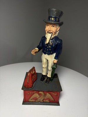 Uncle Sam Mechanical Coin Bank Cast Iron Red Blue White 11 Inch