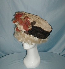 Glorious Antique Hat Edwardian 1912 Tan and Black Straw Floral and Ribbon Trim