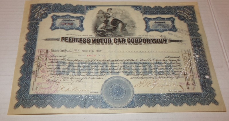 1926 PEERLESS MOTOR CAR CORP. STOCK CERTIFICATE